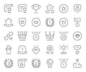 Hand Drawn Reward, Badge, Trophy, Certificate, Crown, Medal, Award Icons Set – Doodle Sketch Style for Achievement, Ranking, Prize, Success, Gamification, Education, Certificate