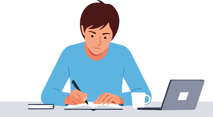 Focused Student: Studying and Writing at a Desk