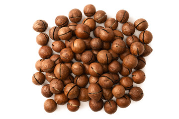 Macadamia nuts in a shell isolated on a white background.