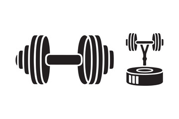 Two black and white icons representing a dumbbell and a barbell with weight plates