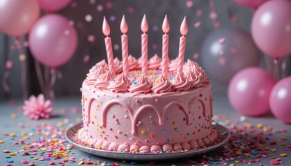 A pink birthday cake adorned with confetti and balloons