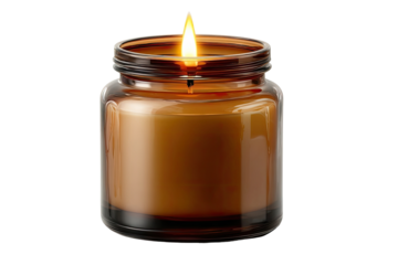 Amber glass jar candle with a flickering flame