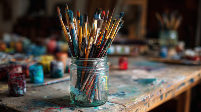 Paint brushes in water jar on art table
