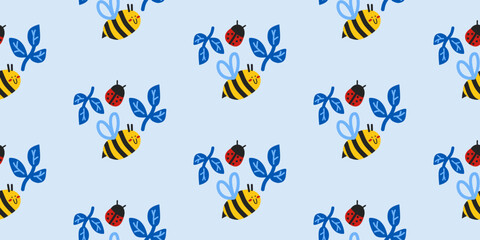 Seamless bee and ladybug pattern with blue leaves, vector © Little Joy Designs