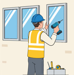 Window Installation: Construction Worker with Drill
