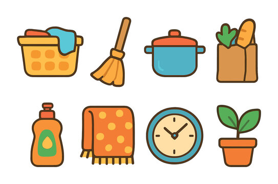 Children's Chore Icons. Flat vector mini-illustrations household chores support in colors children's