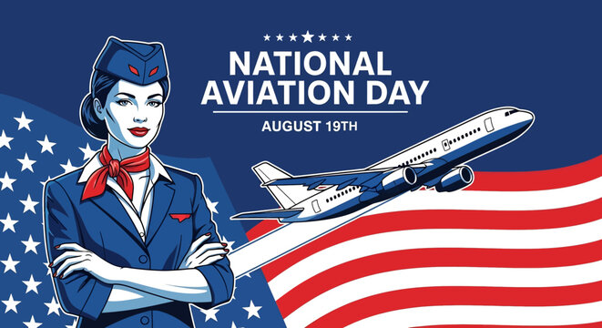 flat illustration banner of National Aviation Day on August 19th, featuring a confident flight attendant in uniform and an airplane against an American flag backdrop with stars and stripes