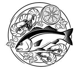 Illustration of a fish and shrimp dish with lemon and parsley, isolated on white background