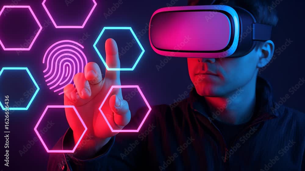Poster closeup of a person engaging with a virtual reality headset and interactive technology in a dark spa