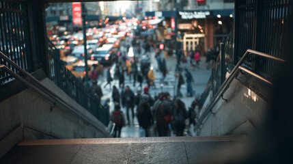 Obraz premium A group of people are walking down a subway stairwell