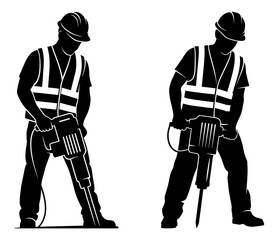 Vector art of two construction workers in safety vests operating jackhammers, isolated on white background