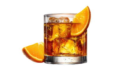 A golden amber cocktail in a rocks glass, garnished with orange slices and ice