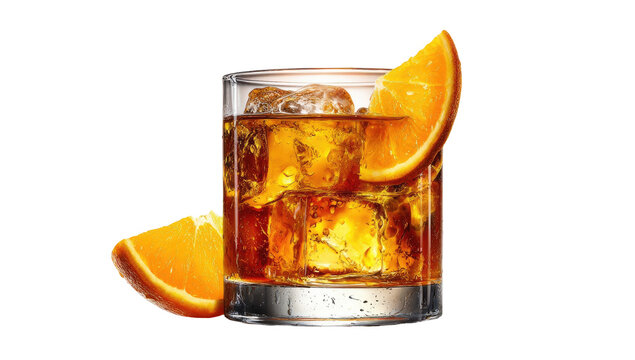 A golden amber cocktail in a rocks glass, garnished with orange slices and ice