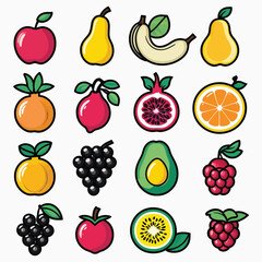 Vector illustration of various fruits including apple banana grapes and other healthy food items