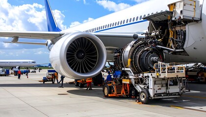 Airplane undergoing engine maintenance on tarmac