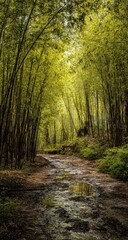 Fototapeta premium Sunlight filters through a vibrant bamboo forest path