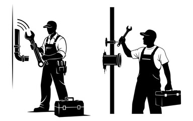 Obraz premium Vector art of plumber working on pipes with a wrench, isolated on white background