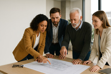 Diverse Team Collaborating on Architectural Plans in Modern Office Setting with Blueprint on Table