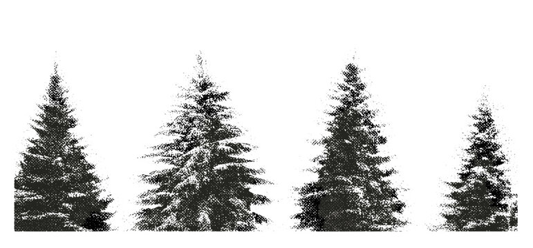 Retro stipple effect Christmas trees with gritty, grainy vintage photocopy texture. Trendy vector collage design for grunge punk banners, posters, social media, winter holiday backgrounds