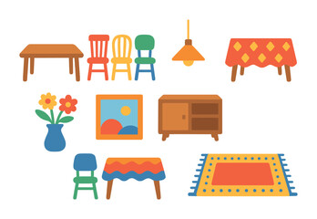 Obraz premium Eclectic Dining Icons. Flat vector mini-illustrations eclectic dining area in colors children's illustrations: