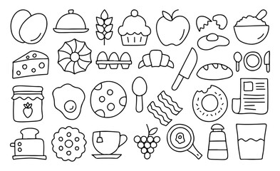 Hand Drawn Breakfast Food Icons Set – Doodle Style Eggs, Bread, Bacon, Croissant, Tea, Cheese, Jam, Fruits, Kitchen Utensils for Menu, Restaurant, Culinary, Cooking, Kids Education