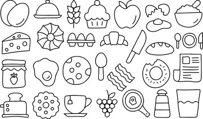 Hand Drawn Breakfast Food Icons Set – Doodle Style Eggs, Bread, Bacon, Croissant, Tea, Cheese, Jam, Fruits, Kitchen Utensils for Menu, Restaurant, Culinary, Cooking, Kids Education