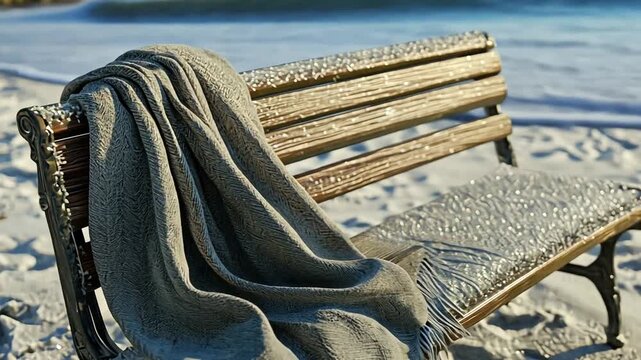 Cozy blanket draped over a rustic beach bench, with ocean waves gently rolling in the background