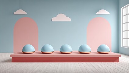 Pastel room with light blue orbs on a pink platform
