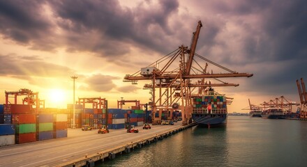 Cargo ship docks at port terminal during a vibrant sunset with forklifts and containers present