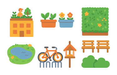 Urban Green Icons. Flat vector mini-illustrations urban green spaces in colors children's illustrations: