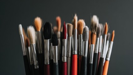 Close-up of various paintbrushes in a cluster