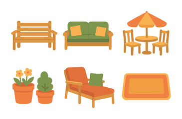 Fototapeta premium Colorful Outdoor Seating Icons. Flat vector mini-illustrations outdoor seating areas in colors children's