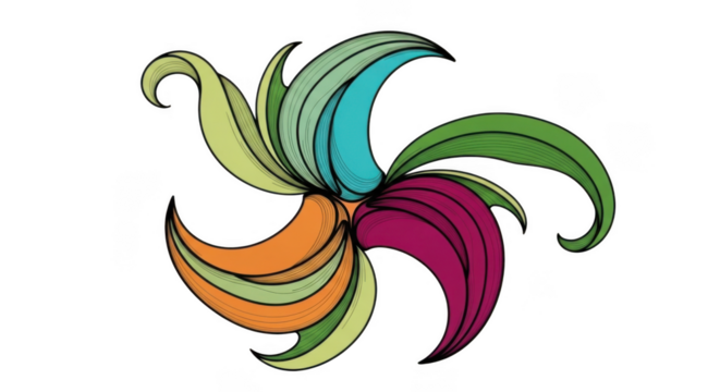 Colorful abstract floral design with swirling petals isolated on transparent background