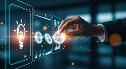 Investing in a startup with QFS. A hand "drags" holographic QFS coins towards a lightbulb icon, symbolizing venture capital investment.