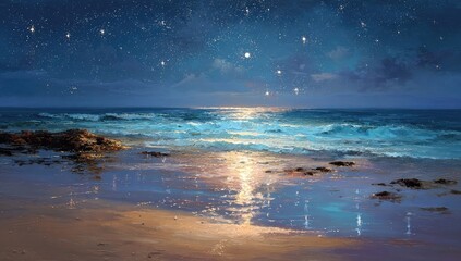Beach at sunset, starry night sky. Ocean waves reflecting light