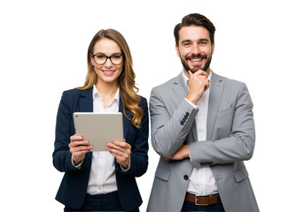  Two confident professionals stand side by side, smiling warmly against a transparent background, exuding teamwork and collaboration (PNG).
