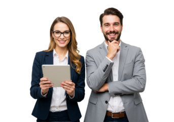  Two confident professionals stand side by side, smiling warmly against a transparent background, exuding teamwork and collaboration (PNG).
