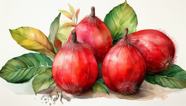 a vibrant watercolor painting showcases a cluster of tropical chalta fruit its bright red color and intricate details creating a visually appealing and inviting composition