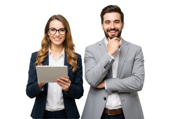  Two confident professionals stand side by side, smiling warmly against a transparent background, exuding teamwork and collaboration (PNG).
