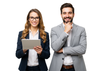 Two confident professionals stand side by side, smiling warmly against a transparent background, exuding teamwork and collaboration (PNG).