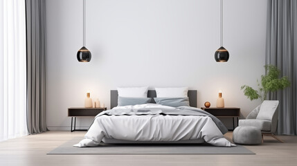 simple bedroom setup with black hanging lights and white bed

