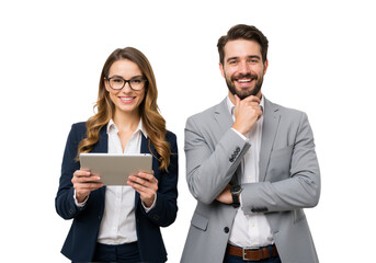  Two confident professionals stand side by side, smiling warmly against a transparent background, exuding teamwork and collaboration (PNG).
