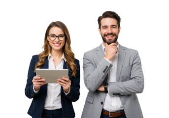 Two confident professionals stand side by side, smiling warmly against a transparent background, exuding teamwork and collaboration (PNG).
