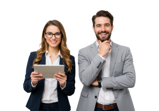  Two confident professionals stand side by side, smiling warmly against a transparent background, exuding teamwork and collaboration (PNG).
