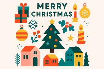 Obraz premium Festive holiday scene with decorated evergreen, wrapped presents, snowy village backdrop, glowing candles, ornaments, sparkling snowflakes, festive greenery