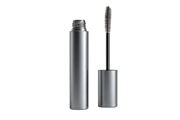 Silver mascara tube with brush.  A metallic silver mascara bottle, cylindrical in shape, is depicted.  The cap is slightly separated, revealing the dark black mascara wand