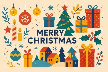 Obraz premium Christmas ornaments hanging, wrapped gifts, decorated christmas tree, and charming village houses covered in snow create a warm and festive holiday atmosphere