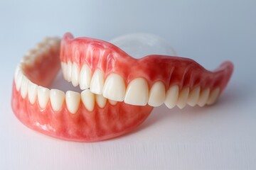 Obraz premium Full set of dentures displayed on a white surface, emphasizing the importance of dental prosthetics in maintaining oral health and restoring smiles