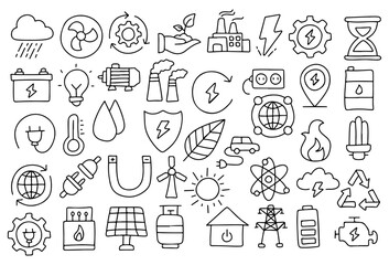Hand Drawn Energy and Electricity Icons Set – Doodle Style Renewable Energy, Eco Power, Solar, Electric Car, Recycling, Battery, Sustainability, Green Technology