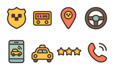 Colorful Taxi Icons. Flat vector mini-illustrations Taxi service icons in colors children's illustrations: